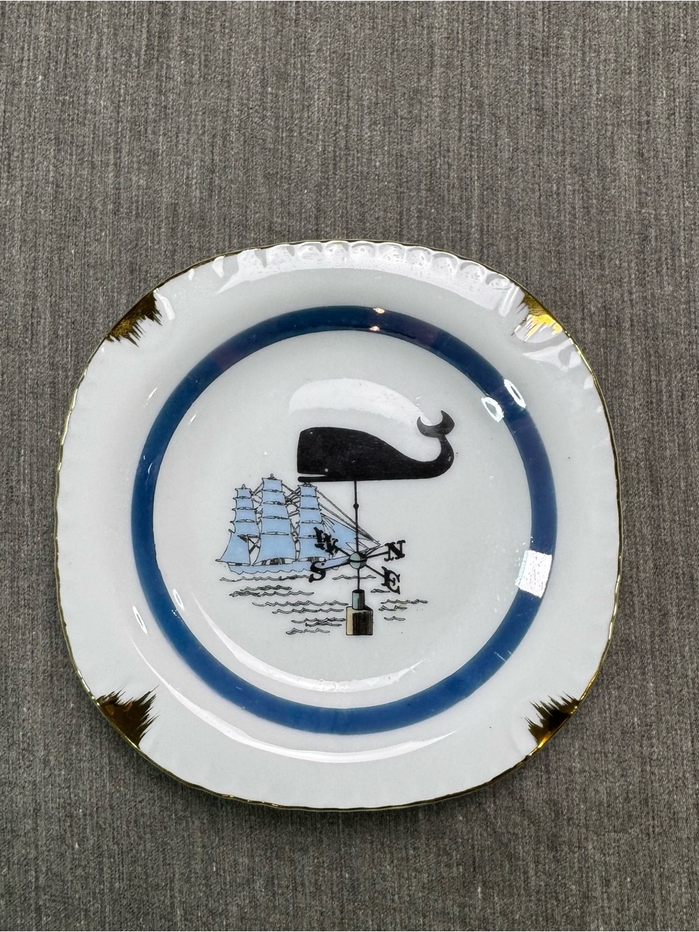 Vintage Nautical Whale Weathervane Ceramic Ashtray Gold Trim Scalloped Retro